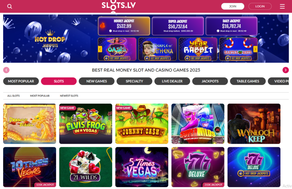 A photo of online casino real money slots website called Slots.LV. The photo shows the homepage with different slot machine games online that you can play.