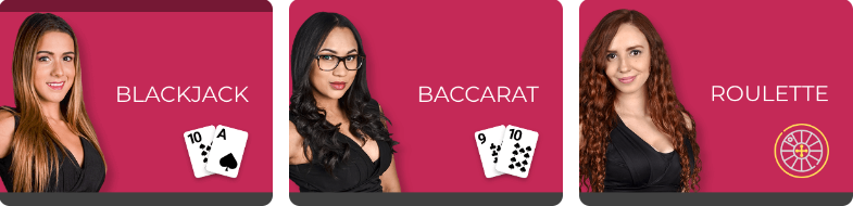 Live dealer casino games blackjack, Baccarat, & Roulette with women and playing cards and live dealers on the screen. real money casino bonus